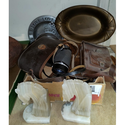 78C - A Brass Art Deco style dish, binoculars etc