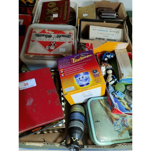 38 - Two boxes of late 20th century Meccano; a selection of other toys; games; etc.