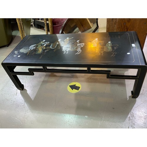 474 - A modern black lacquer Chinese style rectangular coffee table with painted top