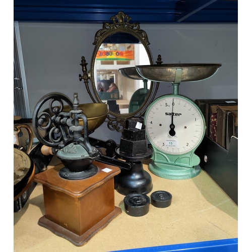 13 - A Victorian style set of kitchen scales; a Salter scale; a coffee grinder; 2 parasols
