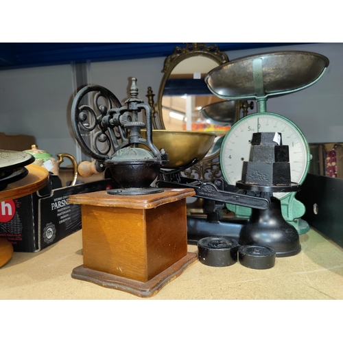 13 - A Victorian style set of kitchen scales; a Salter scale; a coffee grinder; 2 parasols