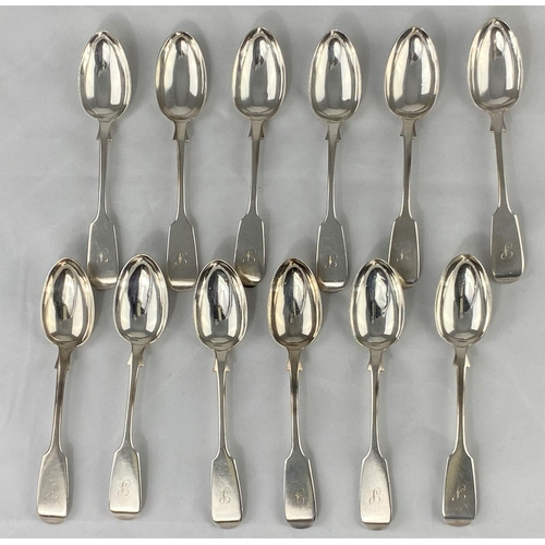 306 - A set of 12 monogrammed fiddle pattern tea spoons, Exeter 1858, maker Josiah and John Williams, 10.3... 