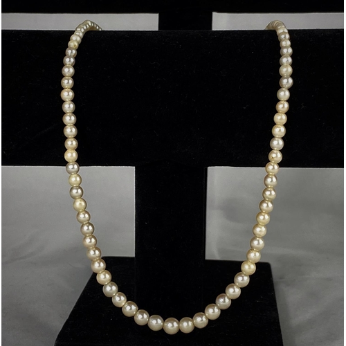 321 - An early 20th century graduating cultured pearl necklace, the oval white metal clasp set with 2 diam... 