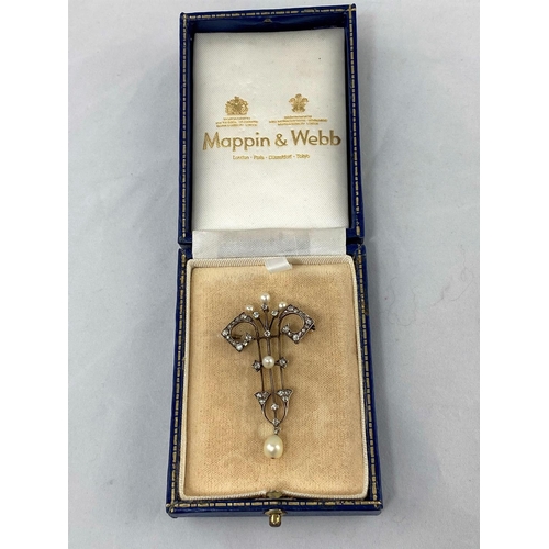 324 - A 'Belle Epoque' diamond and pearl yellow and white metal brooch with central stem and twin scroll a... 