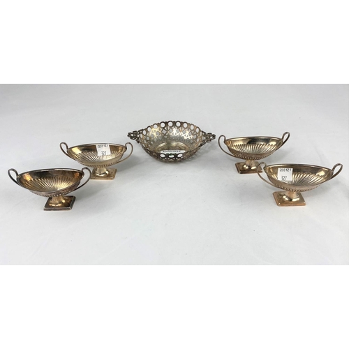 327 - A set of 4 classical oval pedestal 2 handle hallmarked silver salts with ribbed bodies, on weighted ... 