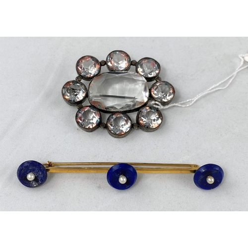 334 - A gilt metal bar brooch set 3 lapis lazuli discs, each set centrally with a pearl; a late 19th/early... 