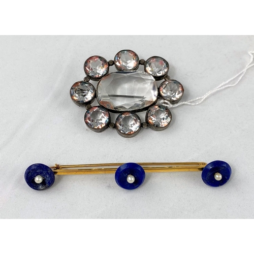334 - A gilt metal bar brooch set 3 lapis lazuli discs, each set centrally with a pearl; a late 19th/early... 