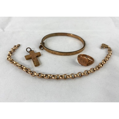 355 - A 9 carat hallmarked gold signet ring; cross pendant & bangle; a belcher chain bracelet stamped '375... 