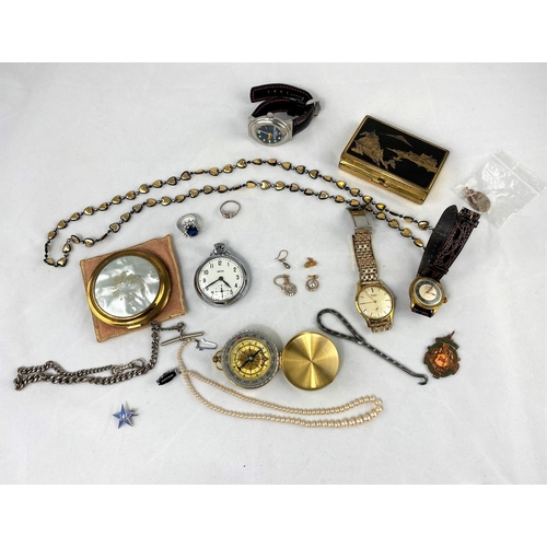 371 - A Japanese musical powder compact; another; a compass; a pocket watch; a pair of 9 carat gold earrin... 