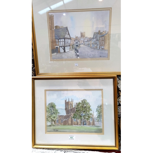 402 - Peter Green:  Nantwich scenes, watercolours, signed, 25 x 32 cm, framed and glazed; a framed map of ... 
