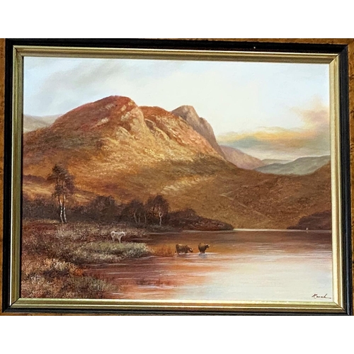 403 - 20th Century:  pair of landscapes with lochs, mountains and highland cattle, oils on board, signed i... 