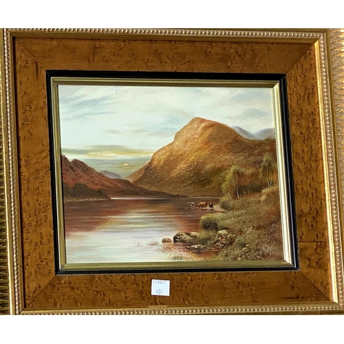 403 - 20th Century:  pair of landscapes with lochs, mountains and highland cattle, oils on board, signed i... 