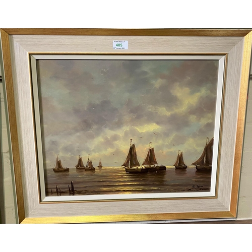 405 - 20th Century:  Seascape at sunrise with fishing boats, signed indistinctly, oil on board, 38 x 48 cm... 