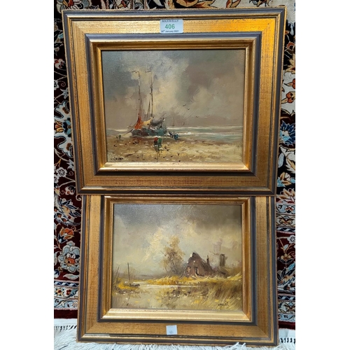 406 - V Holst:  Coastal scene with figures and beached boat & River landscape with cottage, pair of oils o... 