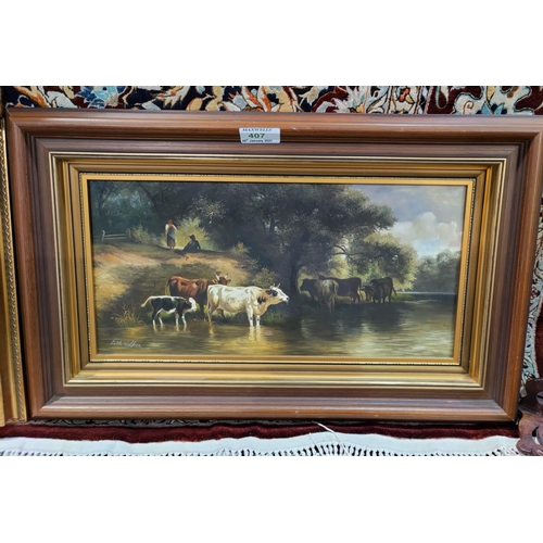 407 - C H Walker:  River landscape with cattle drinking, oil on board, signed, 19 x 39 cm, framed; 2  smal... 