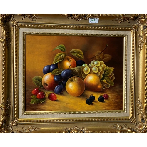 408 - John Smith:  Still life of fruit, oil on canvas, signed, 29 x 39 cm, framed