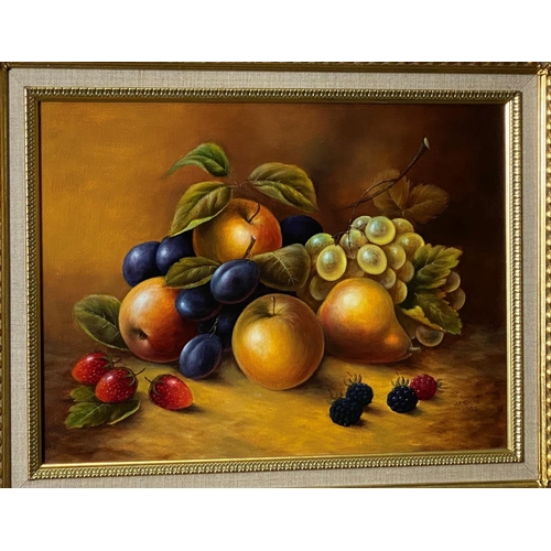 408 - John Smith:  Still life of fruit, oil on canvas, signed, 29 x 39 cm, framed