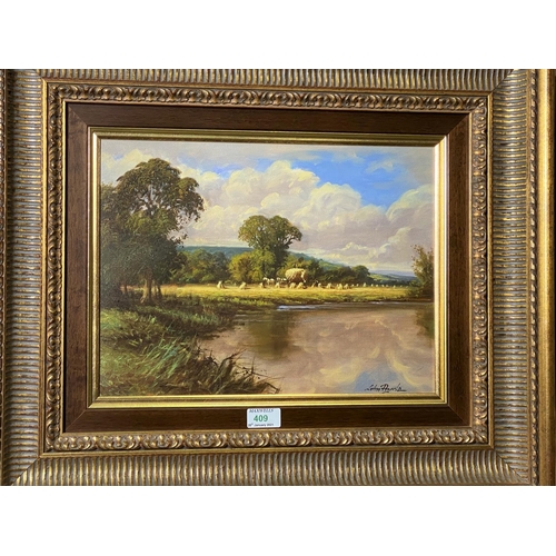 409 - John Pryde:  River landscape with hay wagon on the far bank, oil on canvas, signed, 29 x 39 cm, fram... 