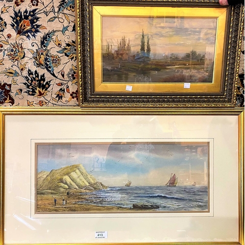 413 - W H Earp:  Coastal scene, watercolour, 20 x 53 cm, signed, framed and glazed; an oil on canvas:  Pas... 