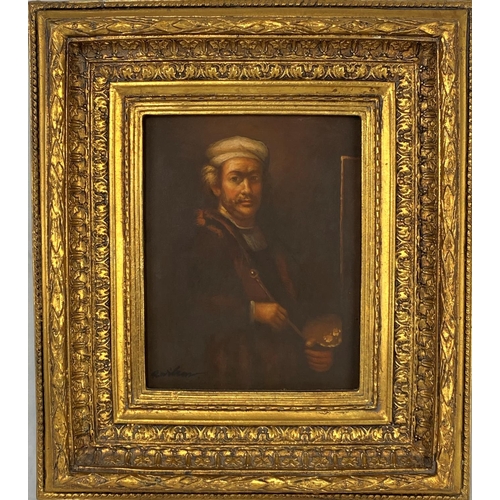 416 - Rembrandt self-portrait at easel, modern copy, oil on board, 23 x 18 cm, gilt framed