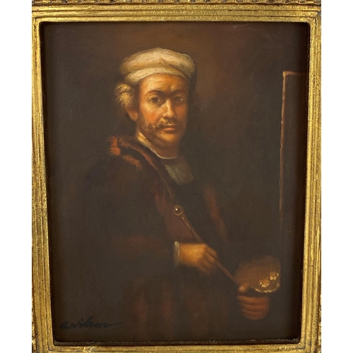 416 - Rembrandt self-portrait at easel, modern copy, oil on board, 23 x 18 cm, gilt framed