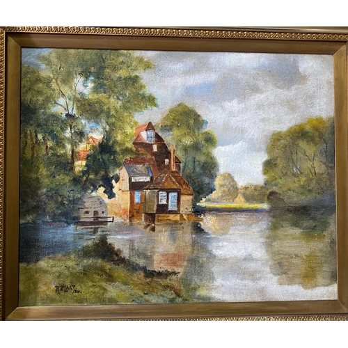 426 - R Plant:  Impressionistic landscape with house and river, oil on canvas, signed, 39 x 49 cm, framed