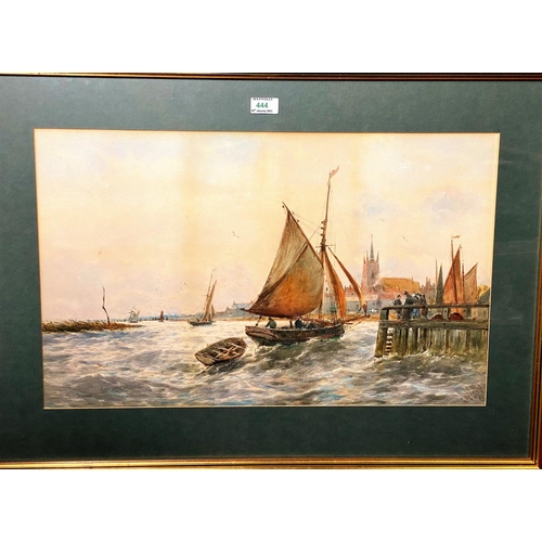 444 - Robert Malcolm Lloyd (1859-1907):  Fishing smacks in choppy seas, entering harbour, watercolour, sig... 