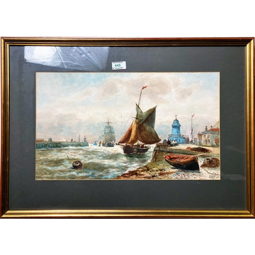 445 - Robert Malcolm Lloyd (1859-1907):  Fishing boats and a large sailing ship entering port, watercolour... 