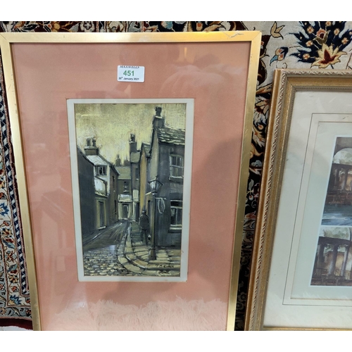 451 - T B Brown:  Northern Street, pastel, framed and glazed; a modern print:  