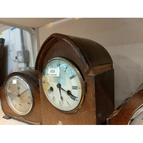 499 - An Edwardian mantel clock in oak lancet top case; 3 Westminster chiming mantel clocks