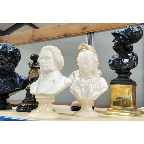54a - A variety of resin busts on stands in the classical manner, largest 38cm, smallest 23cm