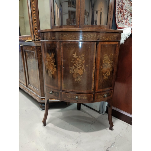 689 - An Edwardian mahogany full height bow front corner display cabinet with extensive floral marquetry i... 