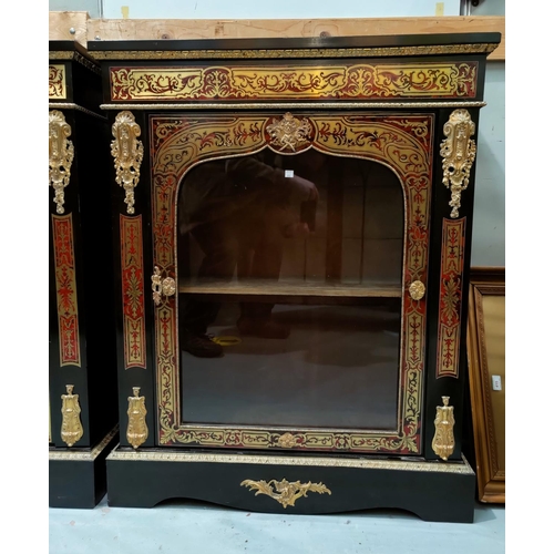 690 - A 19th century pair of red boule and and contra boule ebonised pier cabinets, with ormolu mounts, ea... 