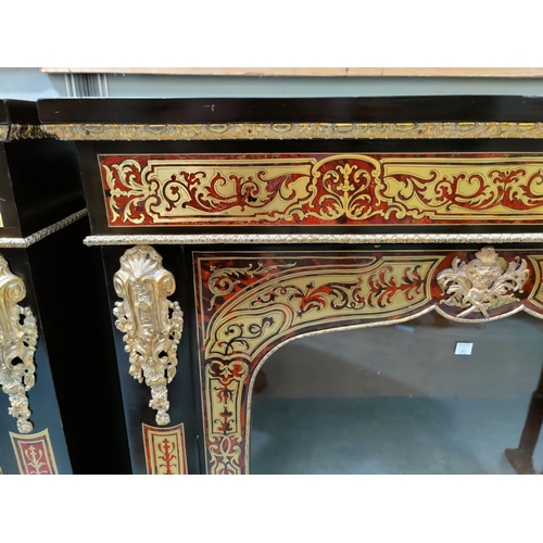 690 - A 19th century pair of red boule and and contra boule ebonised pier cabinets, with ormolu mounts, ea... 