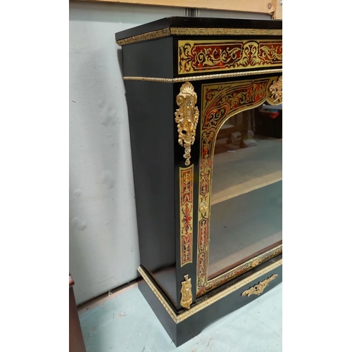 690 - A 19th century pair of red boule and and contra boule ebonised pier cabinets, with ormolu mounts, ea... 