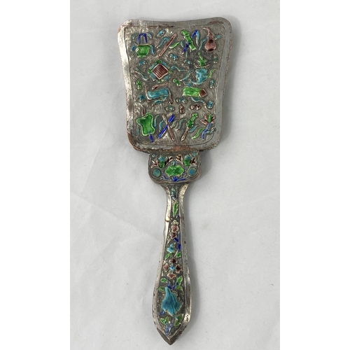 151 - A Chinese white metal on copper hand mirror with enamel decoration, height 26cm