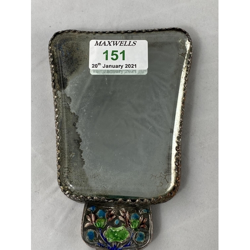 151 - A Chinese white metal on copper hand mirror with enamel decoration, height 26cm