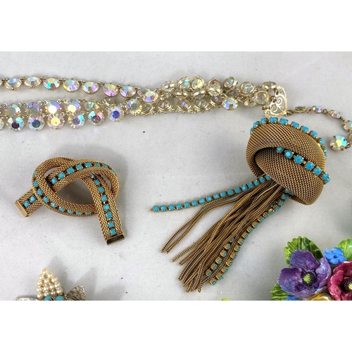 366 - A selection of mid 20th century costume jewellery:  gilt woven metal and turquoise effect stone broo... 