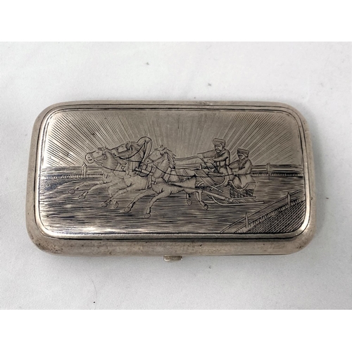 375 - A late 19th century Russian silver snuff box decorated in niello with a troika, 84 mark, maker AE