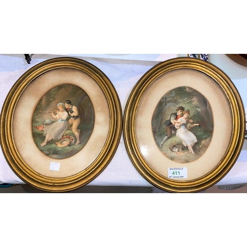 411 - A 19th century pair of oval colour prints of courting couples, 16 x 12 cm, gilt framed; 3 embroidere... 