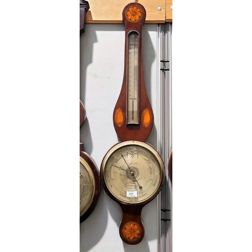508 - A late 19th century mercury column barometer with thermometer in mahogany banjo shaped case with She... 