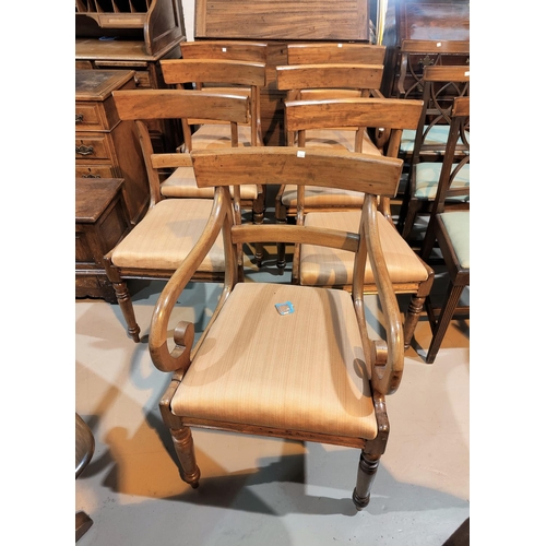 575 - A Regency mahogany set of 7 (5 + 2) dining chairs on turned legs, with brown fabric drop in seats
