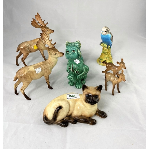220 - A selection of Beswick and other animal figures:  2 stags; Siamese cat, budgerigar; etc.