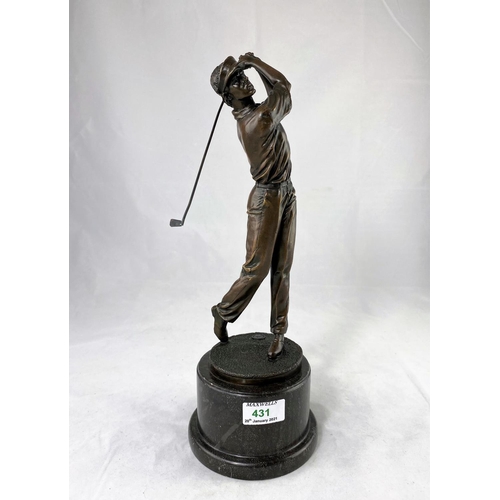 431 - A modern bronze depicting a male golfer, on grey marble plinth, height 38