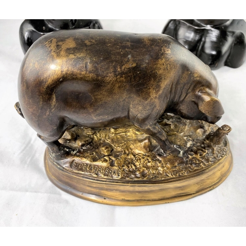 433 - After Delabrierre:  a modern bronze figure of a pig, on oval base, length 24 cm; a pair of African c... 