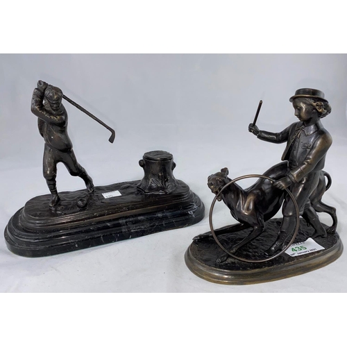 435 - After Moigniez:  a modern bronze group, boy with hoop and dog, length 17; a modern bronze inkwell de... 