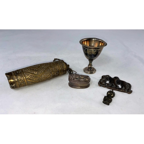 162A - An Indian brass incense holder; a small silvered box with lion to lid and 3 other small items