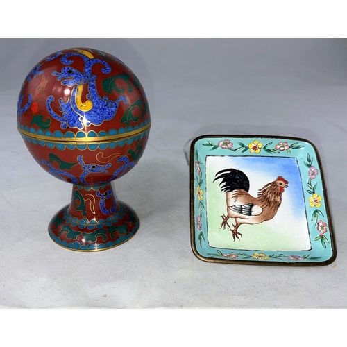 170 - A cloisonné enamel covered vessel of spherical form, on pedestal, 20 cm; an enamel dish decorated wi... 