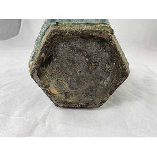 174 - A Chinese hexagonal ginger jar in green crackle glaze, height 17 cm (no lid)