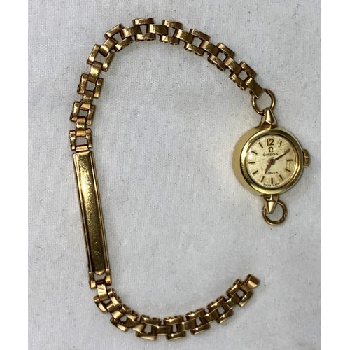 350 - A ladies Omega wristwatch on 9 carat hallmarked gold strap, 14 gm gross